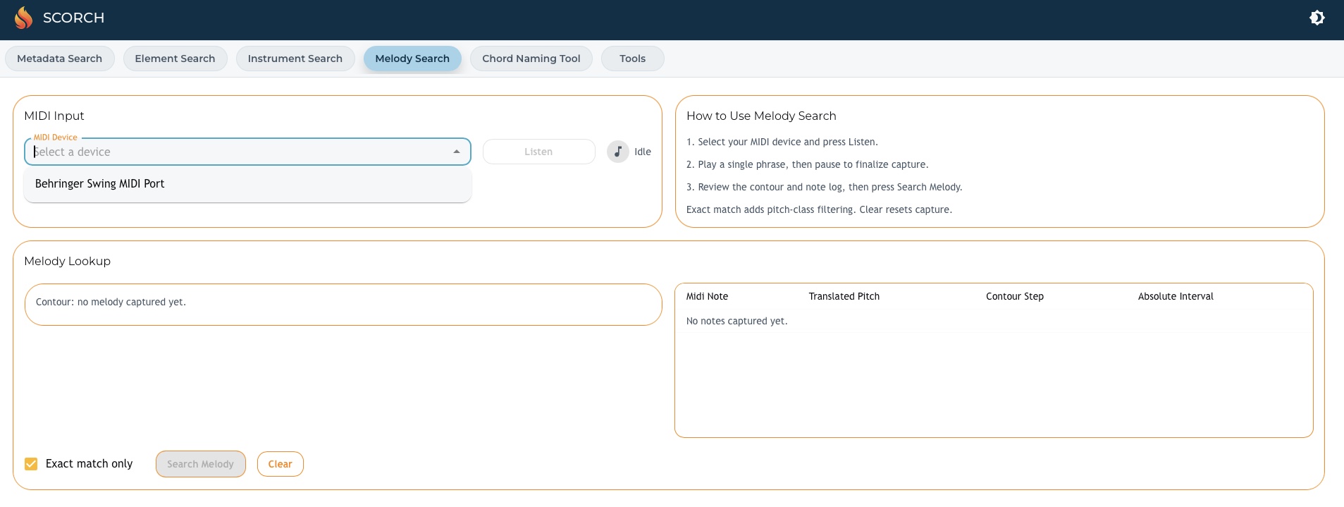 Melody search: MIDI device selection