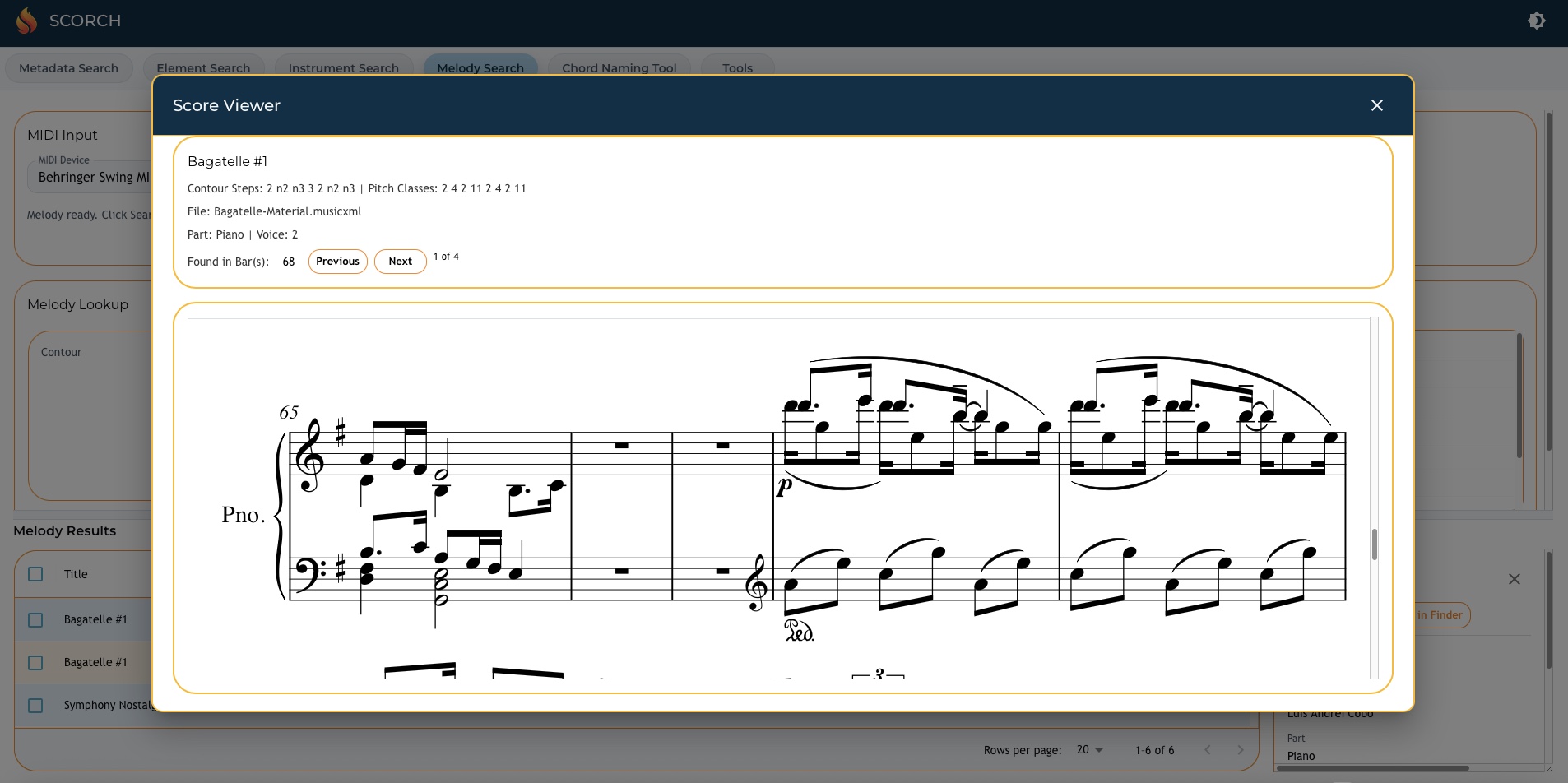 Melody search: result table and music view popup