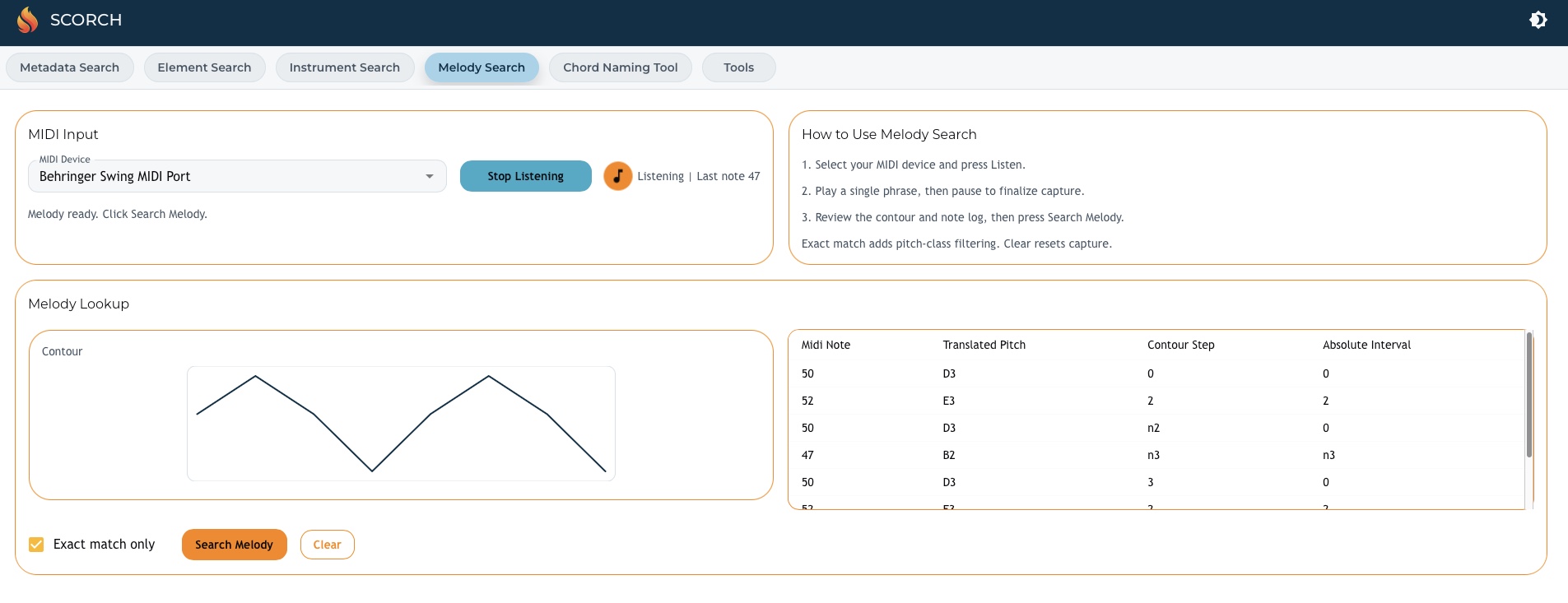 Melody search: contour and pitch-class capture